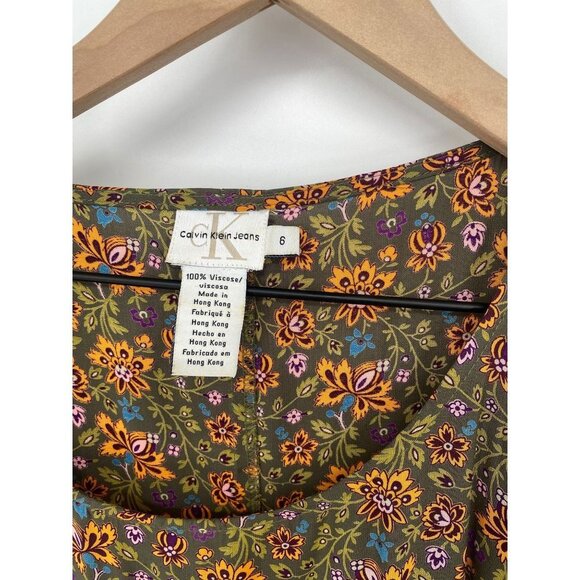 CALVIN KLEIN JEANS VINTAGE FORAL MIDI GREEM 3/4 SLEEVE DRESS SIZE 6 - Picture 3 of 3